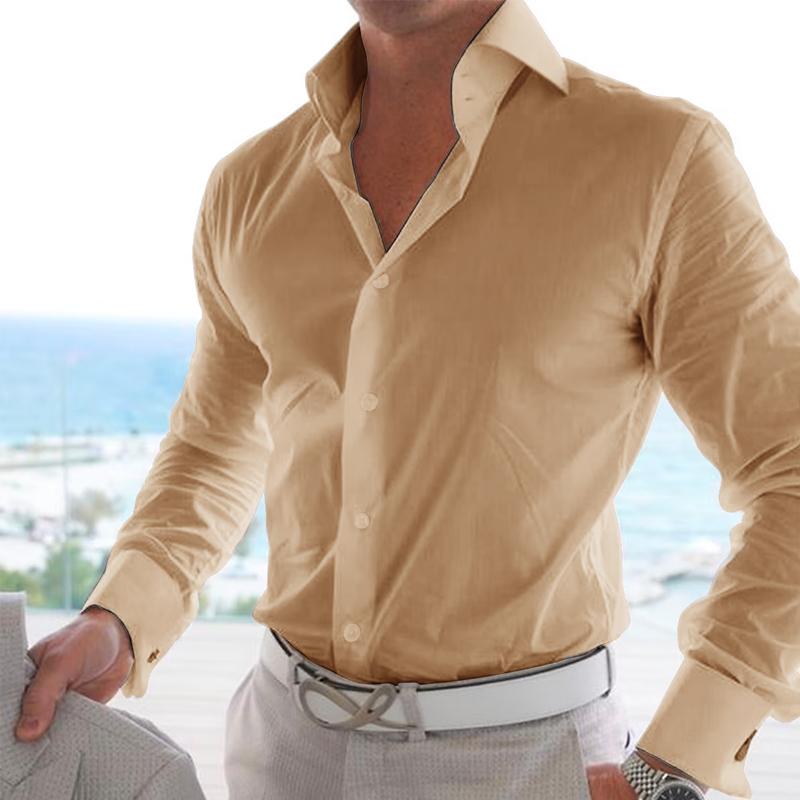 Men's Casual Solid Color Lapel Long Sleeve Shirt 55418336Y