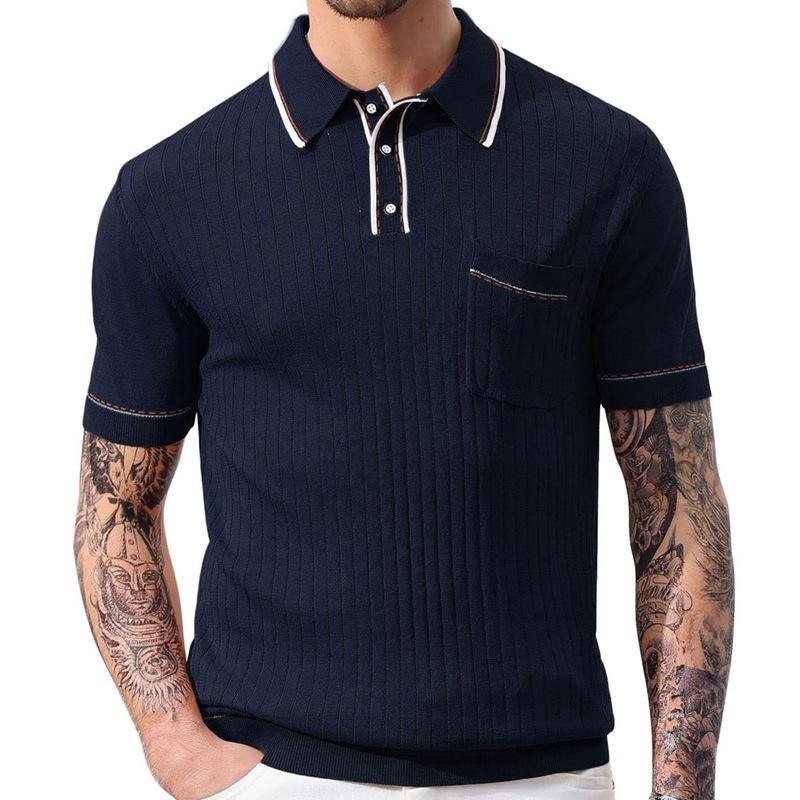 Men's Casual Colorblock Lapel Knitted Short-sleeved Polo Shirt 17380869M