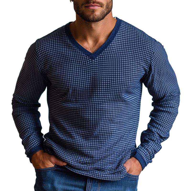 Men's Casual V-neck Houndstooth Long Sleeve T-shirt 11761162X