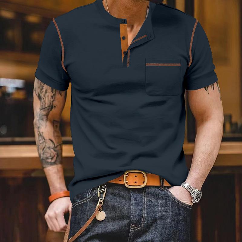 Men's Casual Colorblock Henley Collar Slim Fit Short Sleeve T-Shirt 07925648M