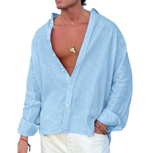 Men's Casual Solid Color Cotton Linen Long-Sleeved Shirt 14979704M