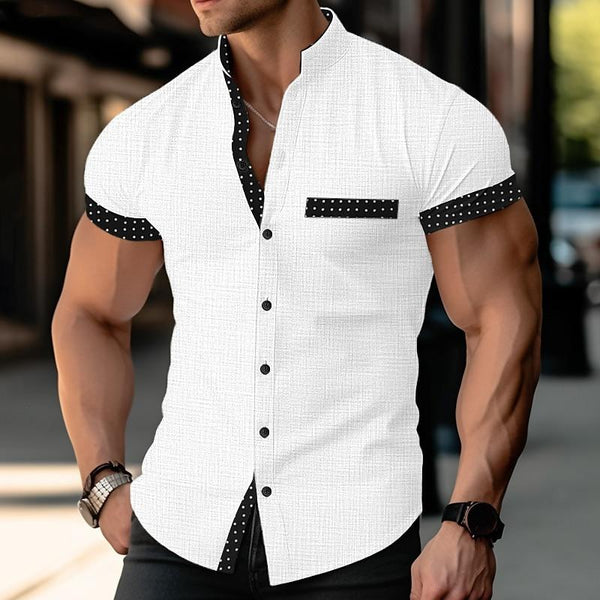 Men's Colorblock Stand Collar Breast Pocket Short Sleeve Cotton Linen Shirt 22524009Z