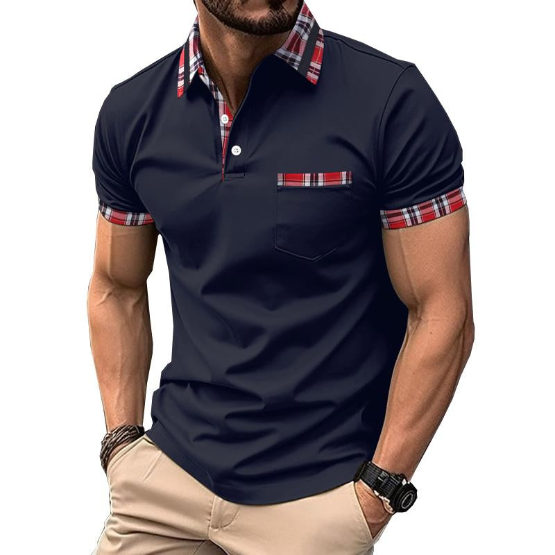 Men's Plaid Panel Button Pocket Henley Collar Sports Polo Shirt 12317871X