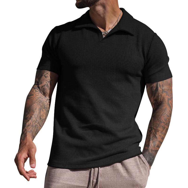 Men's Waffle Loose Short Sleeve Solid Color Casual Lapel Polo Shirt 49265793Z