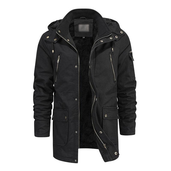 Men's Casual Cotton Multi-Pocket Hooded Zipper Fleece Lined Warm Mid-Length Coat 66242493M