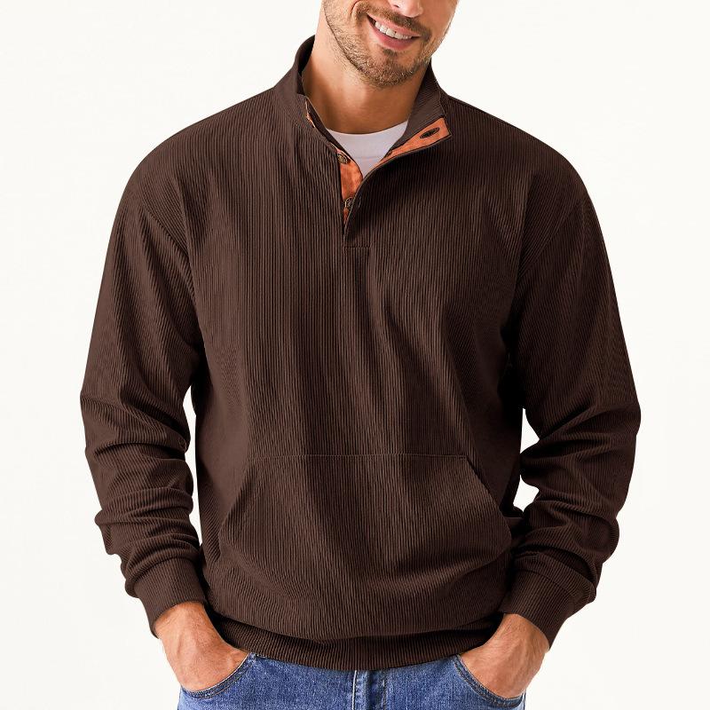 Men's Casual Corduroy Stand Collar Kangaroo Pocket Loose Long Sleeve Sweatshirt 74007115M