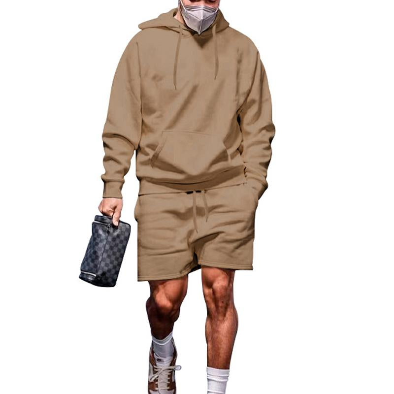 Men's Solid Color All-match Hooded Fleece Sweater Long-sleeved Shorts Two-piece Set 39839808X