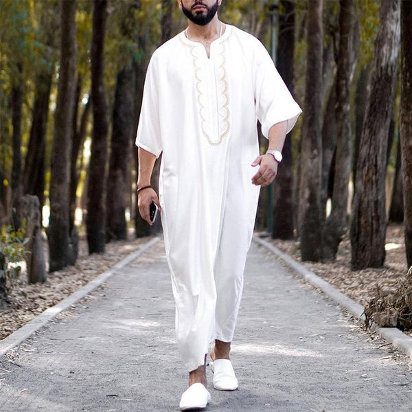 Men's Vintage Ethnic Round Neck Muslim Half Sleeve Robe 75558825Y