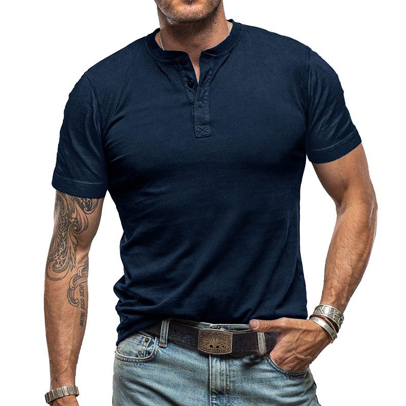 Camiseta vintage de manga corta y cuello henley de color sólido para hombre 99269418Y