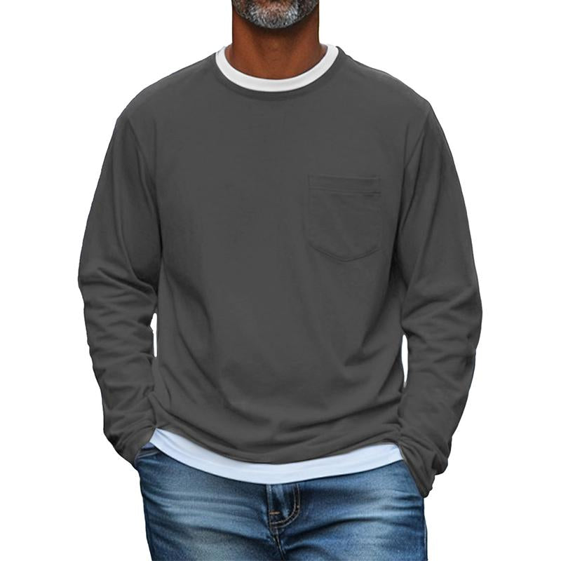 Men's Solid Color Chest Pocket Round Neck Long Sleeve T-Shirt 12455415Y