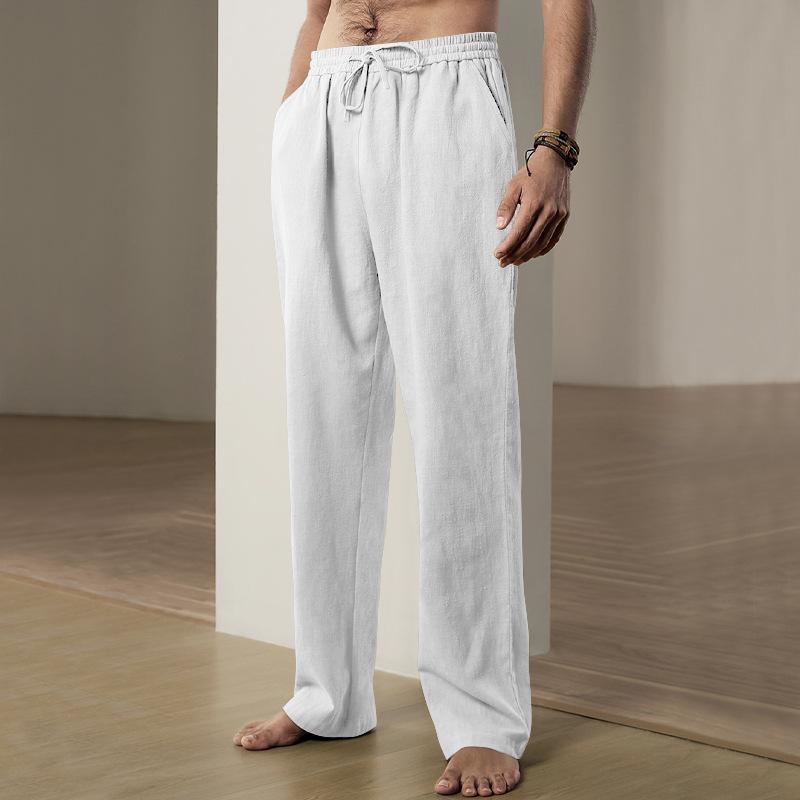 Men's Solid Breathable Linen Loose Elastic Waist Casual Trousers 65710355Z