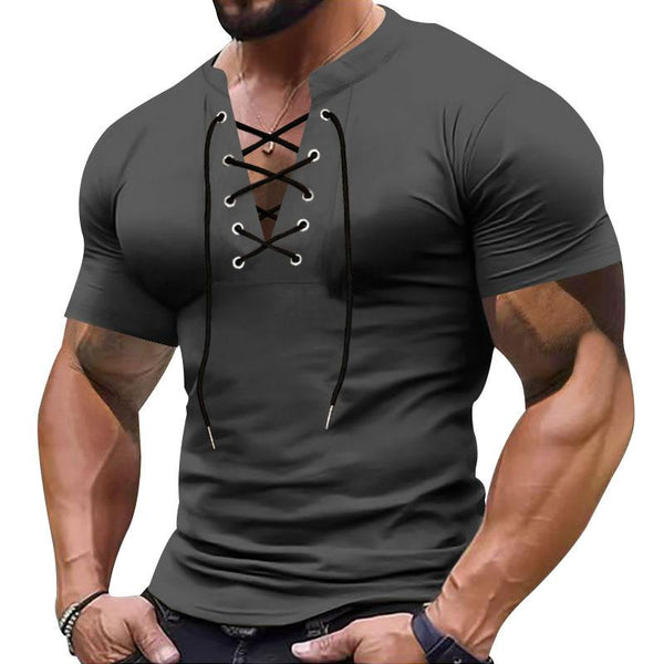 Men's Retro V-neck Lace-up Sports Short-sleeved T-shirt 33535623X