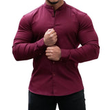 Men's Solid Color Slim Fit Stretch Long Sleeve Casual Button Shirt 93910949X