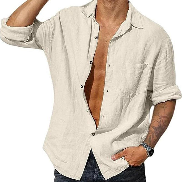 Men's Vintage Solid Linen Pocket Long Sleeve Shirt 32093917Y