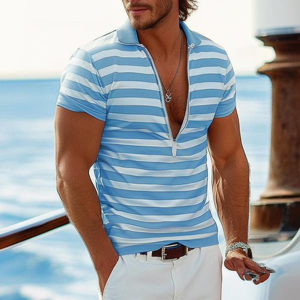 Men's Striped Print Deep V-Neck Zipper Short-Sleeved Polo Shirt 83699650Y