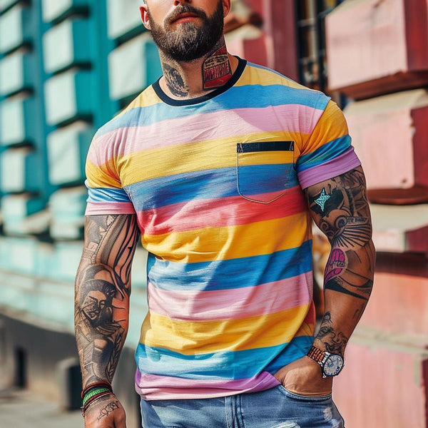Men's Casual Rainbow Stripe Patch Pocket Round Neck Short Sleeve T-Shirt 00500302M