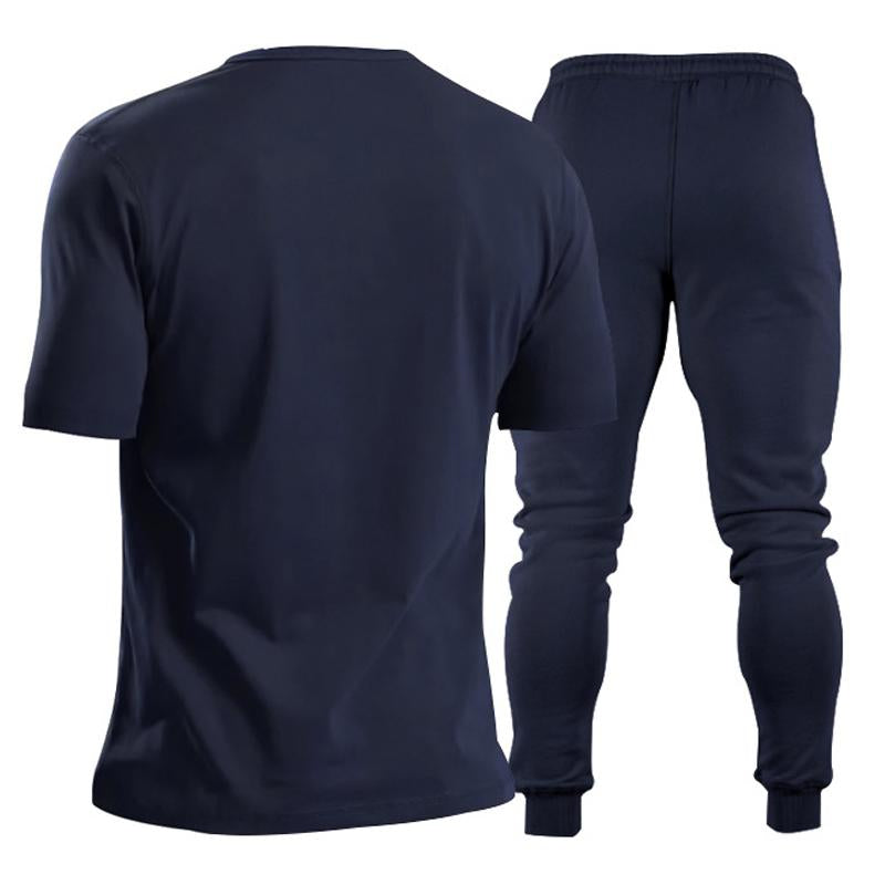 Men's Solid Color V-neck Short-sleeved Trousers Sports Two-piece Set 83772586X