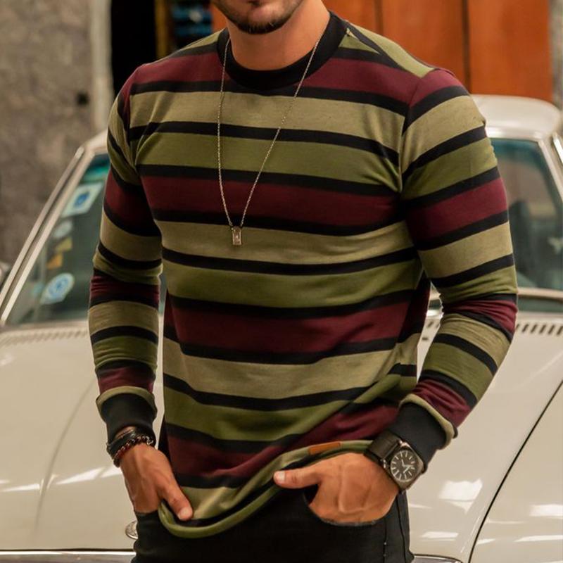 Men's Retro Casual Colorblock Striped Round Neck Long Sleeve T-Shirt 96406531TO