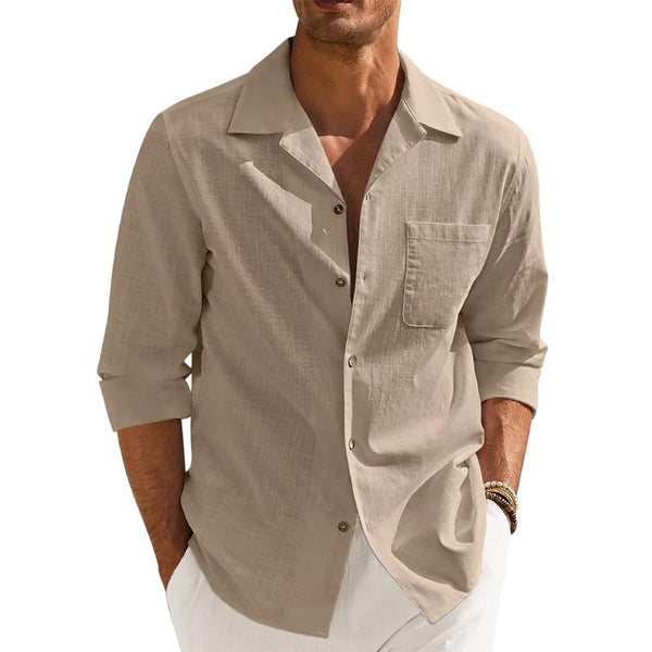 Men's Cotton And Linen Lapel Chest Pocket Long Sleeve Shirt 46910886Y