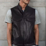 Men's PU Leather Single Breasted Cardigan Multi-Pocket Stand Collar Vest 30665861U