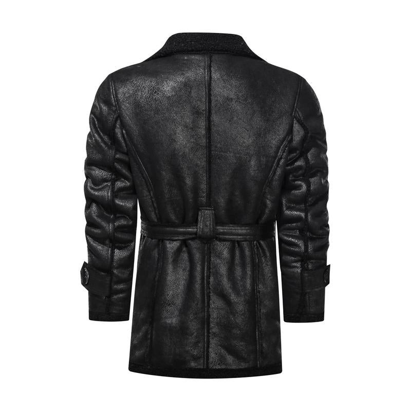 Men's Vintage Solid Color Multi-Pocket Lapel Warm Shearling Coat 56482380Y