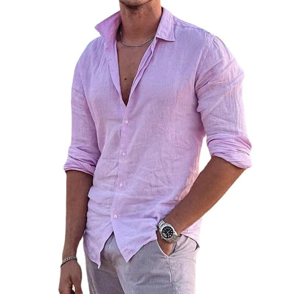Men's Casual Lapel Solid Color Cotton Linen Long Sleeve Shirt 99494500M
