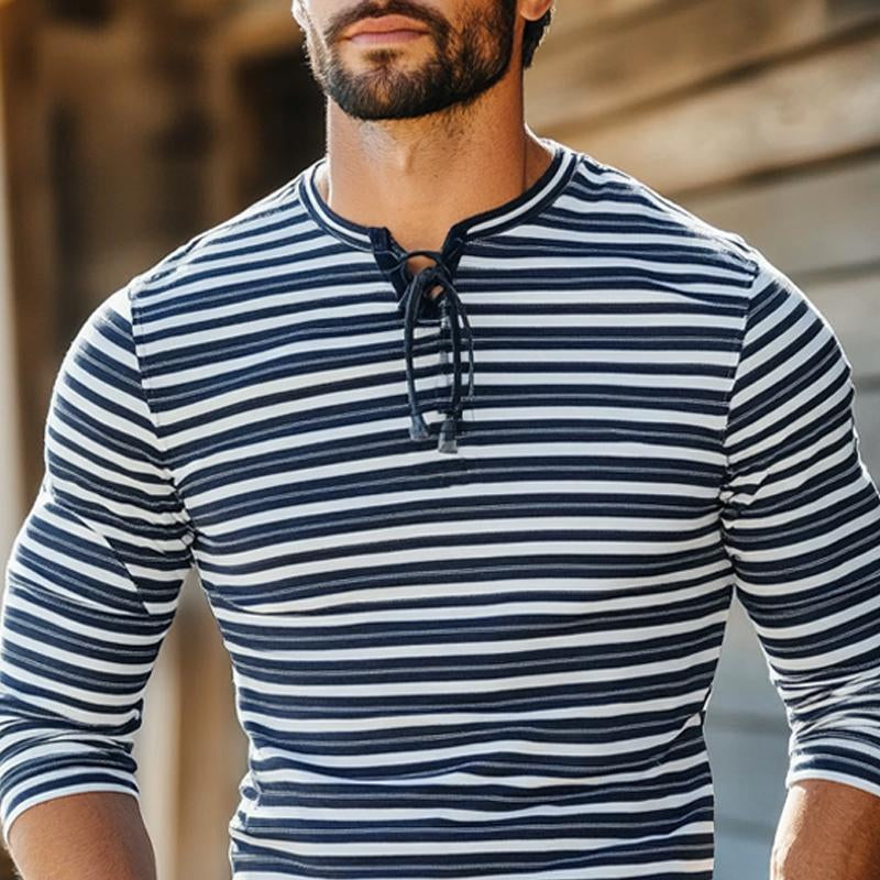 Men's Blue and White Striped Lace-up Long-sleeved T-shirt 86368416U