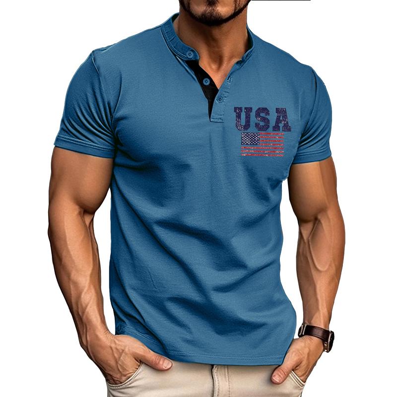 Men's American Flag Print Short Sleeve Button T-Shirt 65699171X