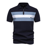 Men's Casual Striped Lapel Short Sleeve Breathable Knitted Polo Shirt 91217831M