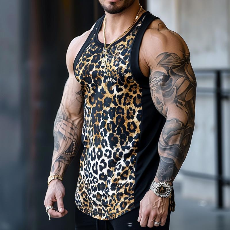 Lässiges Tanktop für Herren mit Rundhalsausschnitt, Leopardenmuster und Patchwork, 63099234M