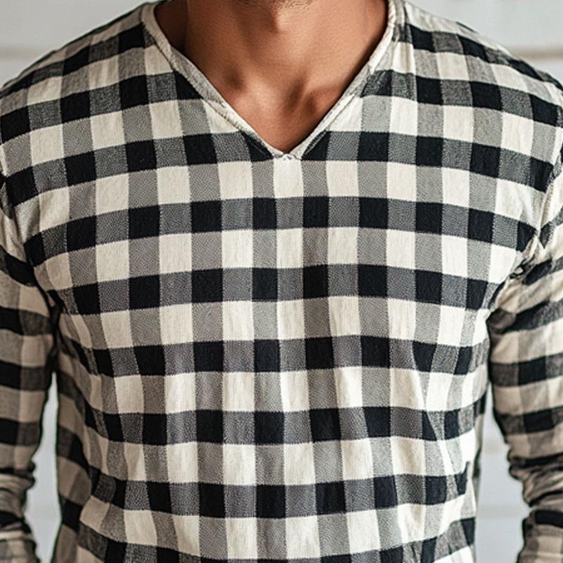 Men's Cotton and Linen V-neck Plaid Long-sleeved T-shirt 90531915X