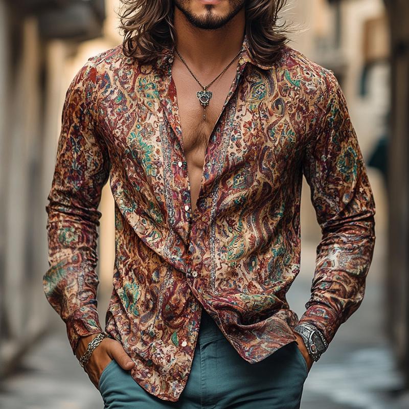 Men's Retro Casual Print Lapel Long Sleeve Shirt 44279116TO