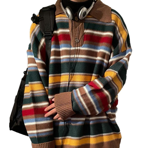 Men's Retro Striped Loose Knit Sweater 62043177X