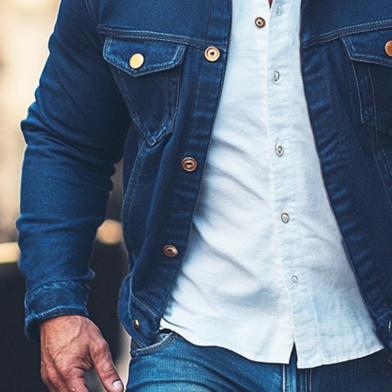 Men's Solid Color Lapel Single Breasted Denim Jacket 96459566X