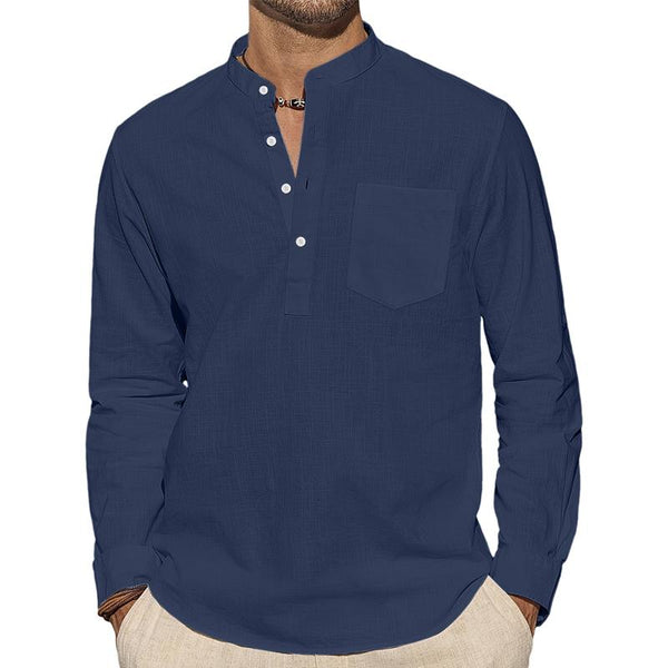 Men's Solid Color Stand Collar Beach Long Sleeve Shirt 59802557X