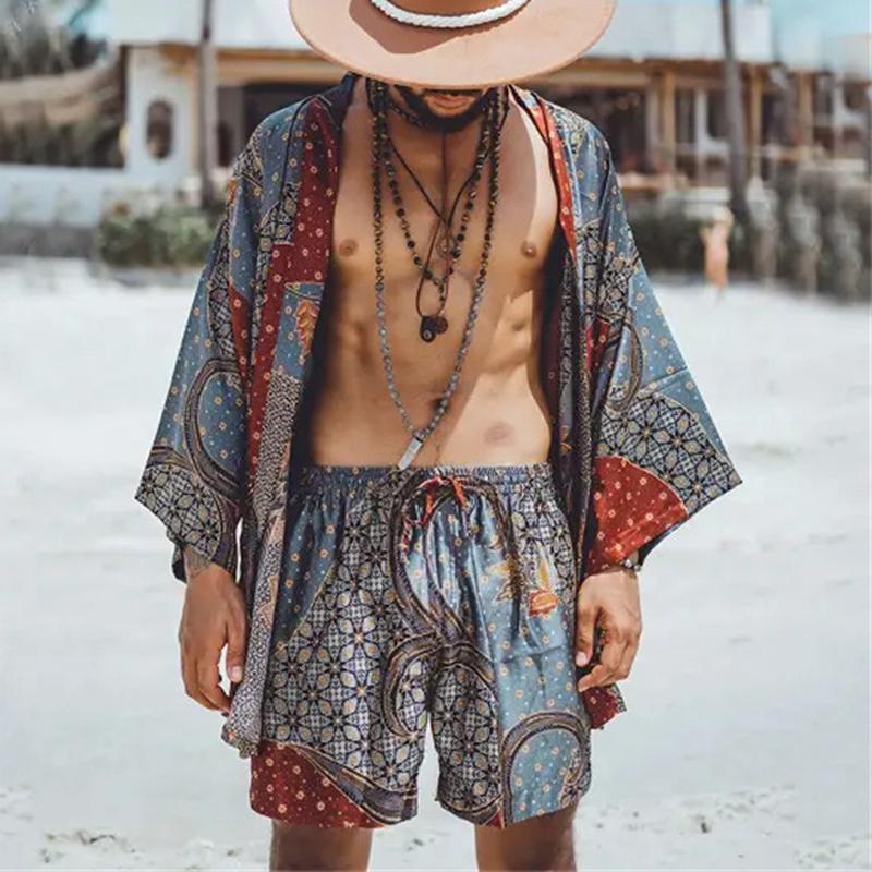 Conjunto de cárdigan y pantalones cortos holgados de playa con estampado vintage para hombre 21232142Y