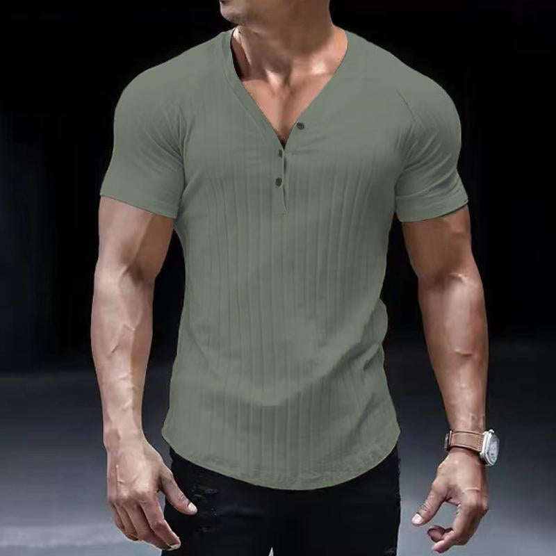 Men's Casual Vertical Stripes Button V Neck Short Sleeve T-Shirt 03893911Y