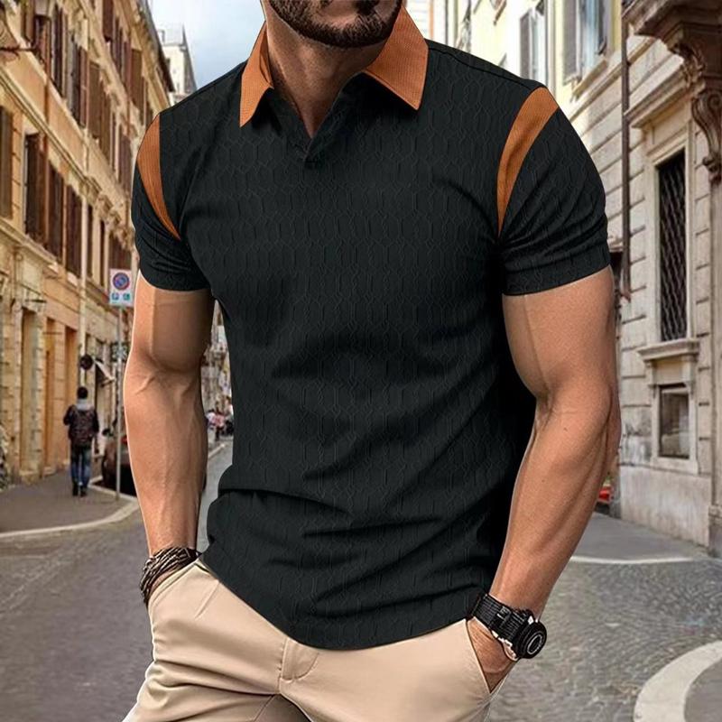 Men's Waffle Color Block Lapel Short Sleeve POLO Shirt 65522178X