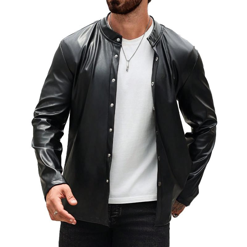 Men's Solid Color Biker Collar Long Sleeve Leather Shirt 74755697X