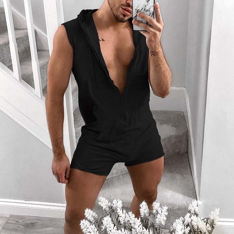 Men's Solid Color Hooded Sleeveless Shorts Jumpsuit 04216608Y