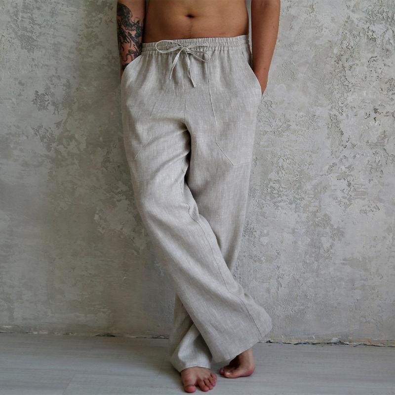 Men's Cotton and Linen Elastic Solid Color Holiday Casual Pants 12419805X