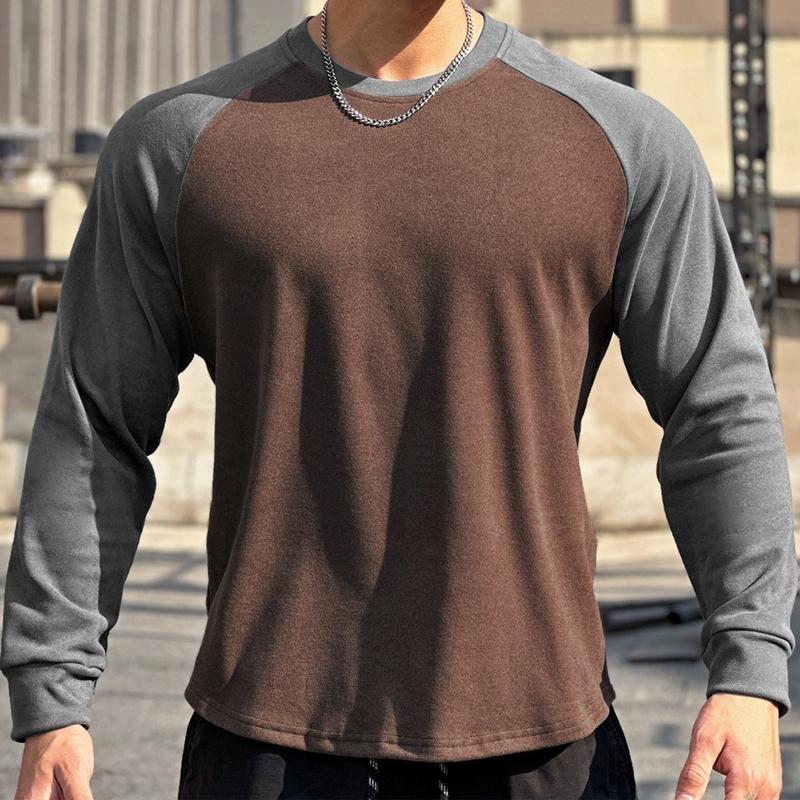 Men's Casual Sports Round Neck Color Block Long Sleeve T-Shirt 89838434M