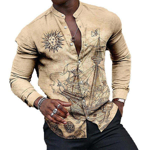 Men's Casual Printed Stand Collar Long Sleeve Shirt 25702372X