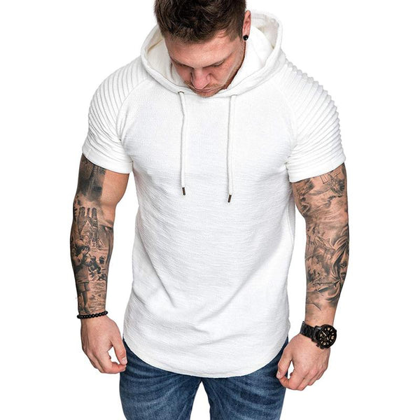 Men's Casual Cotton Blend Pleated Patchwork Short-Sleeved Hoodie 08412819M