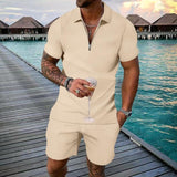 Men's Solid Color Jacquard Fabric Zip Lapel Short Sleeve Polo Shirt Elastic Waist Shorts Sports Casual Set 33833997Z