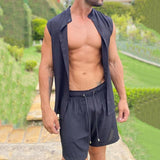Men's Casual Stand Collar Slim Fit Sleeveless Shirt Elastic Waist Shorts Set 64653893M