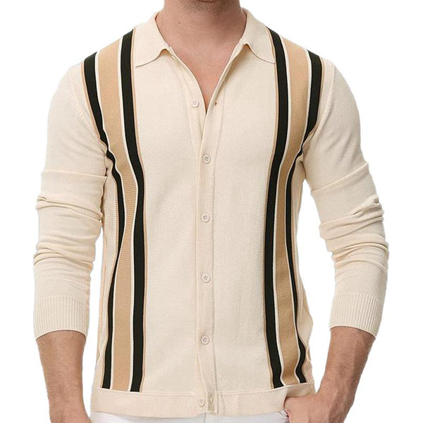 Men's Casual Thin Striped Knitted Long Sleeve Polo Shirt 15870522M