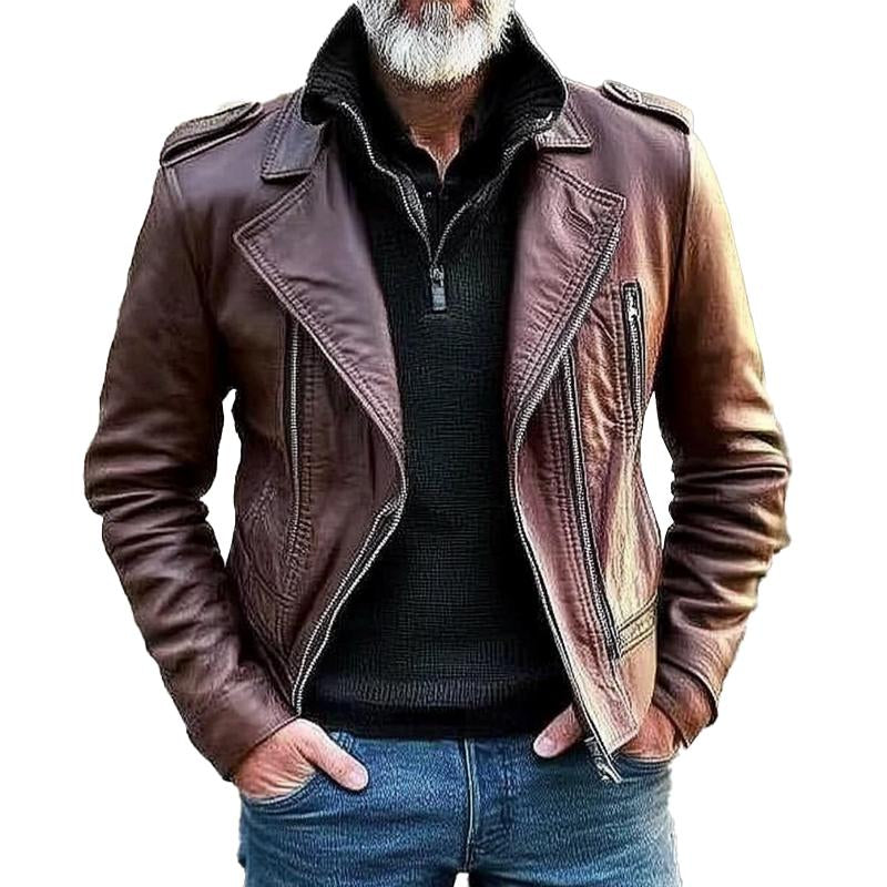 Men's Biker Solid Vintage Zip-Up Leather Jacket 40619329X