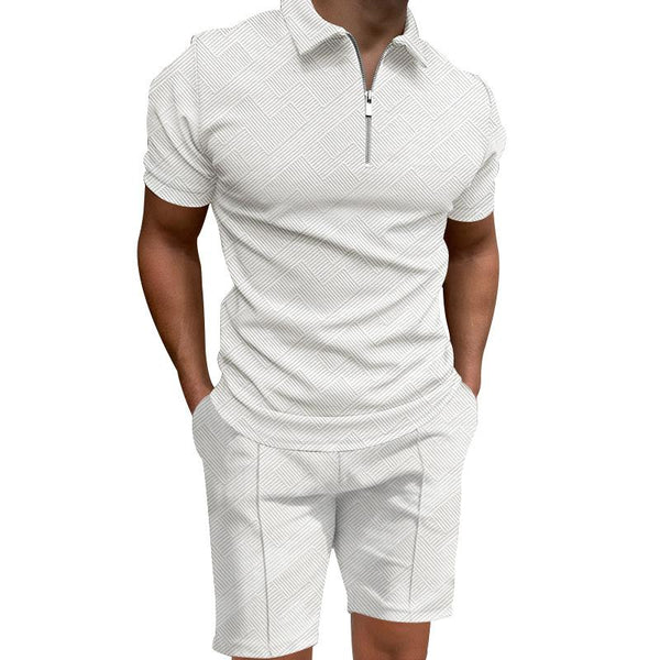Men's Solid Color Texture Fabric Zip Lapel Short Sleeve Polo Shirt Elastic Waist Shorts Sports Casual Set 50404482Z