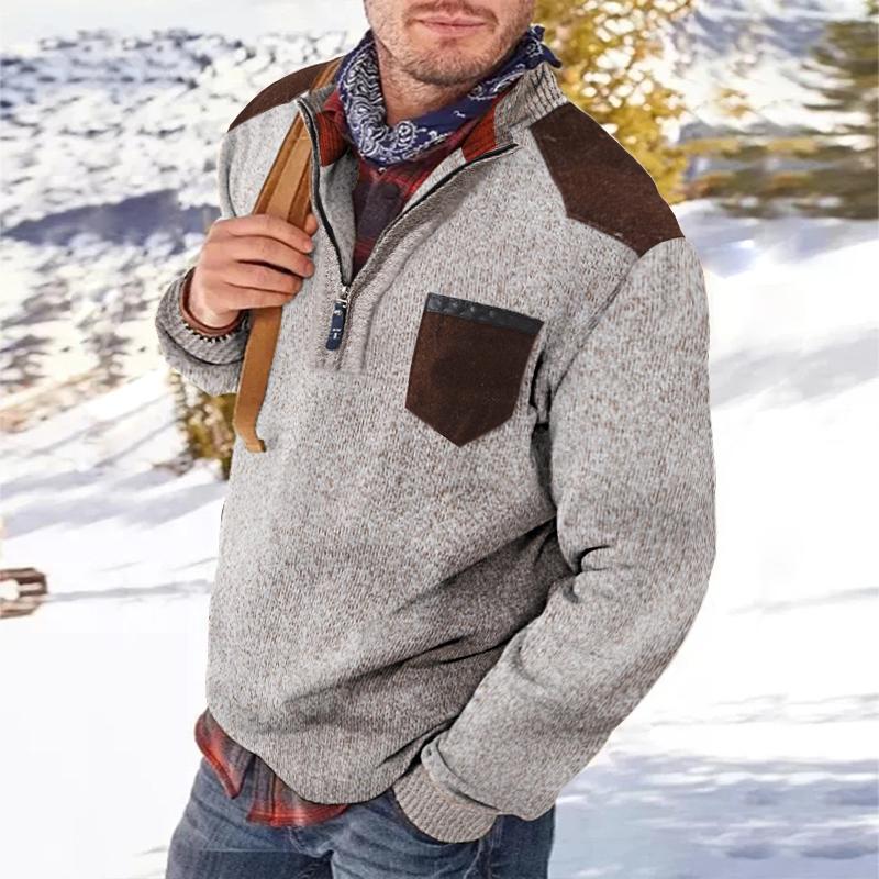 Men's Casual Retro Patchwork Pocket Stand Collar Zipper Sweater 32851595TO